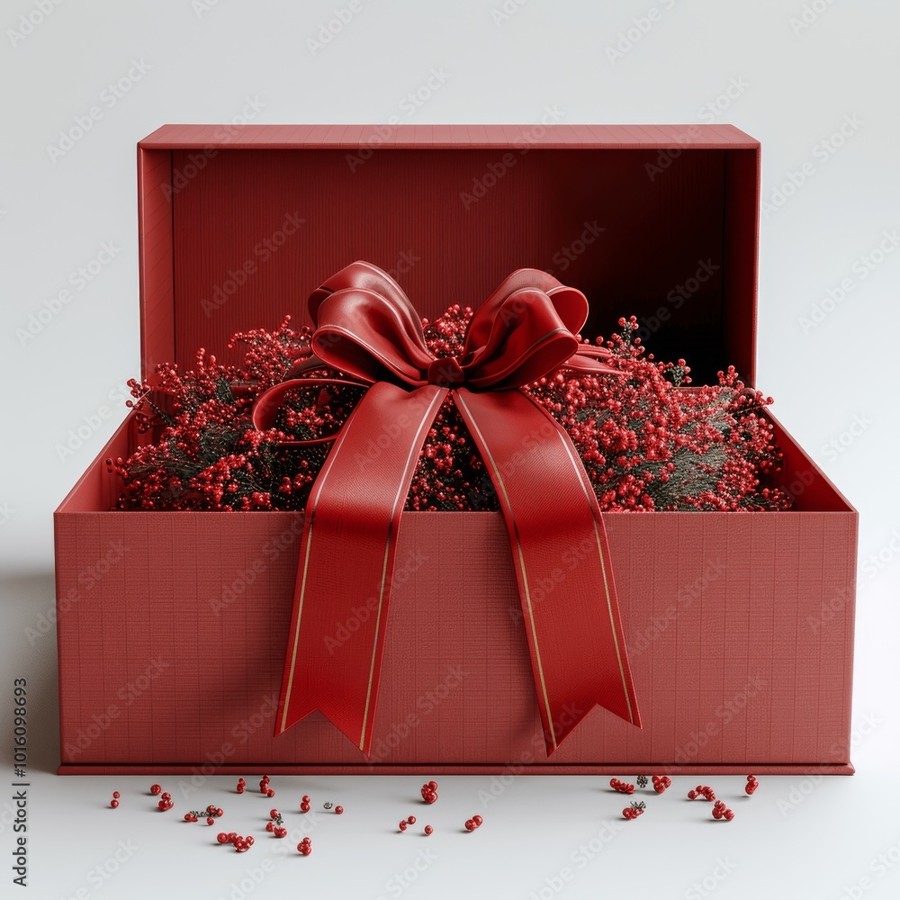 Poster red gift box with bow open lid on white background front view 3d rendering
