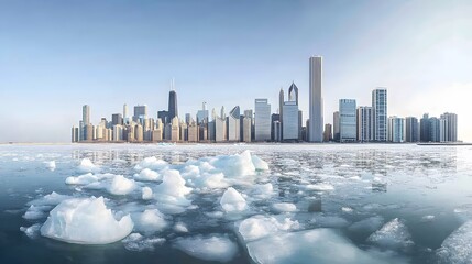 The Chicago skyline stands against a backdrop of icy waters and floating ice blocks on a cold winter day..