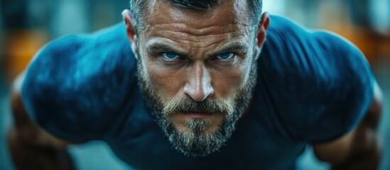 Close-up of a man's face with a determined expression during a workout.