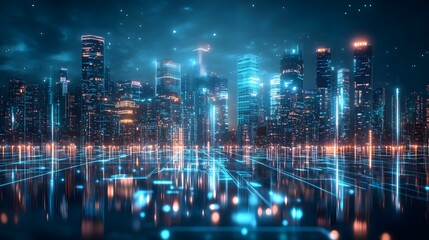 Obraz premium Digital futuristic cityscape with tall skyscrapers, glowing blue and orange lights, and a cyberpunk aesthetic under a starry night sky..