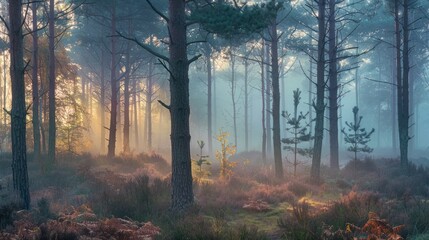 Fototapeta premium A Misty Sunrise Illuminates a Dense Forest