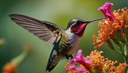 Fototapeta premium A hummingbird hovers near a cluster of vibrant flowers, displaying its iridescent green and blue plumage with a colorful throat. 