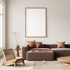 Mock up poster frame in boho style decorated livinig room. Modern, authentic Interior design of living room with wooden furnitures. 3D illustration