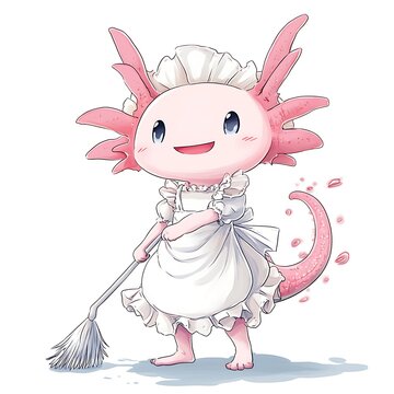 Cute Axoloti in Maid Outfit Sweeping the Floor.