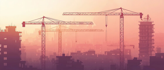 Construction site with cranes silhouetted against sunset sky, creating dramatic urban landscape. scene evokes sense of progress and development
