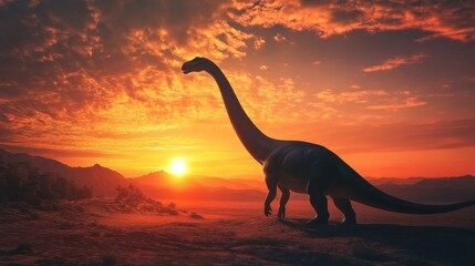 A Brachiosaurus stretching its neck high in a powerful pose, silhouetted against a breathtaking sunset, with the desert sand and distant mountains creating a majestic scene.