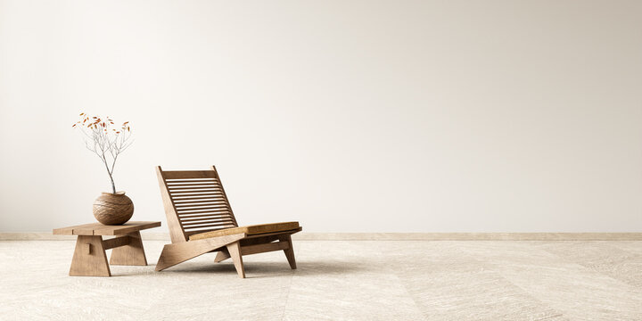 Boho style decorated livinig room. Modern authentic Interior design of living room with wooden furnitures. 3D illustration