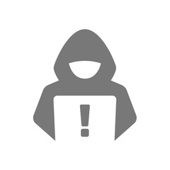 Hacker with laptop vector icon. Computer crime symbol.