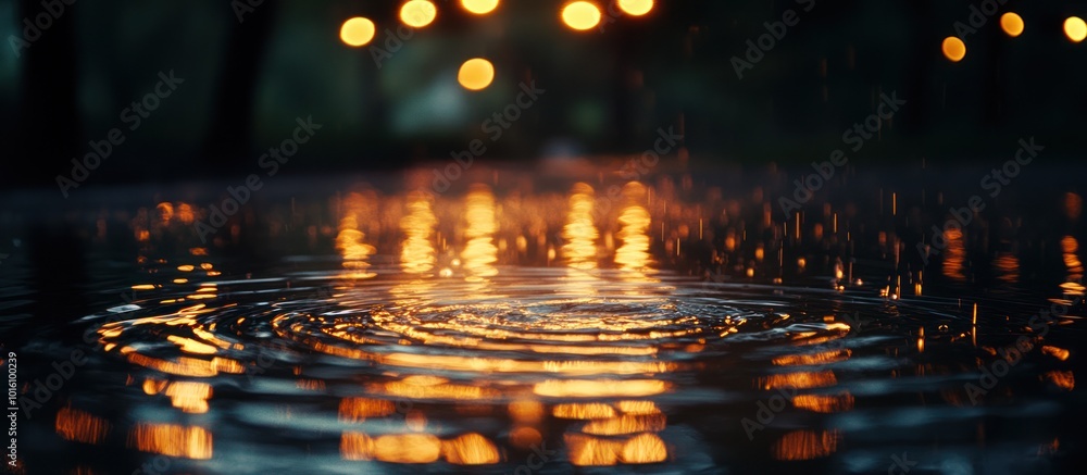 Poster close up of a water drop splashing in a puddle with the reflections of warm lights in the background