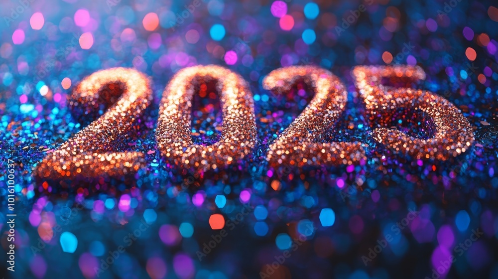 Poster glittering numbers create a dazzling display for celebrating new year 2025 with colorful lights