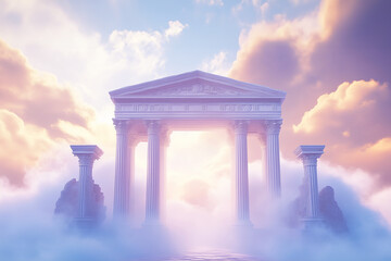 In the sky, white clouds form an arch with Greek columns on both sides. The background is a blend of blue and light gray, creating a heavenly, dreamy, and mysterious atmosphere. 3d rendering.