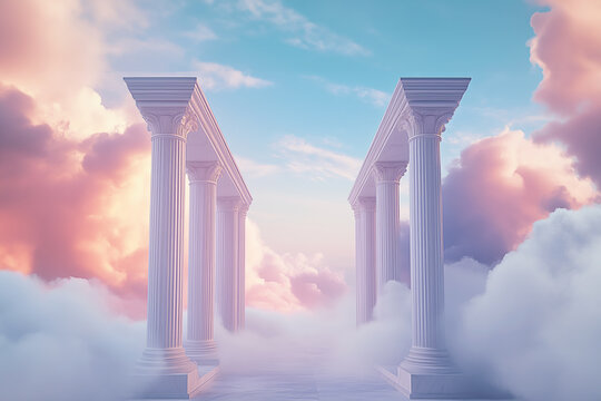 In the sky, white clouds form an arch with Greek columns on both sides. The background is a blend of blue and light gray, creating a heavenly, dreamy, and mysterious atmosphere. 3d rendering.