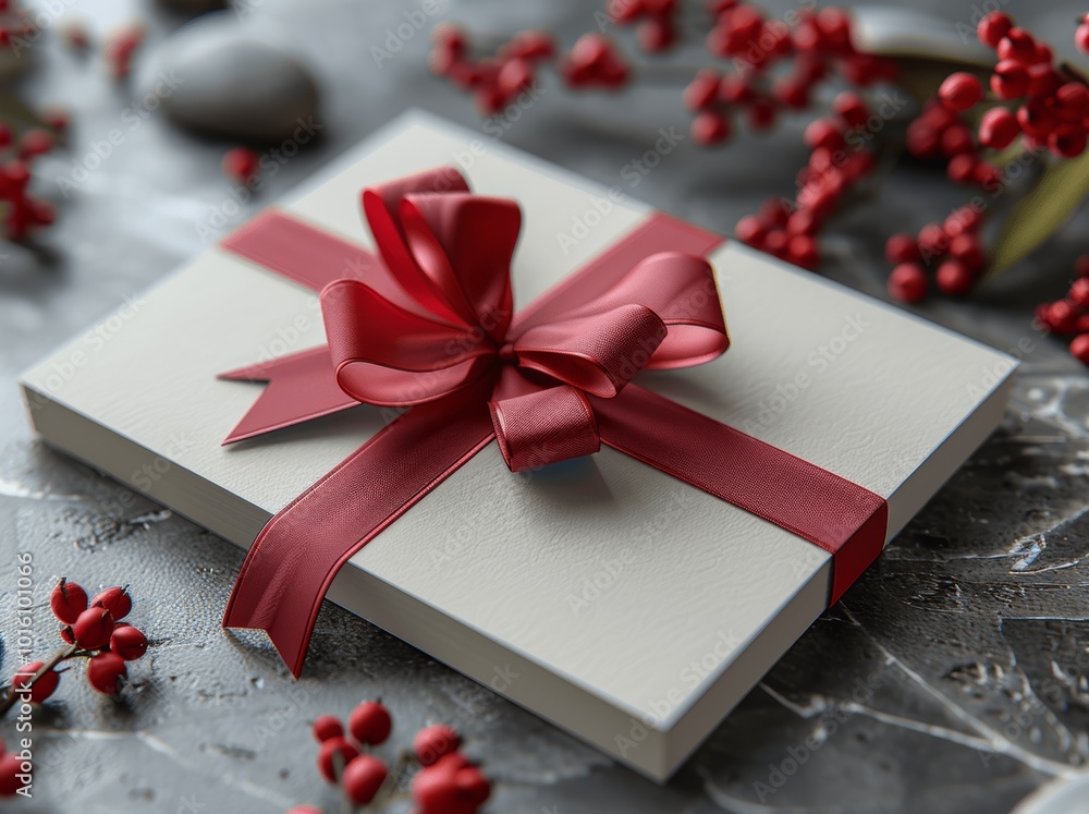 Poster blank white gift card with red ribbon bow on grey background three-dimensional minimal conceptual 3d