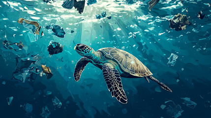Obraz premium sea turtle swims gracefully through polluted ocean, surrounded by plastic waste and debris. This highlights urgent need for ocean conservation and impact of human activity on marine life