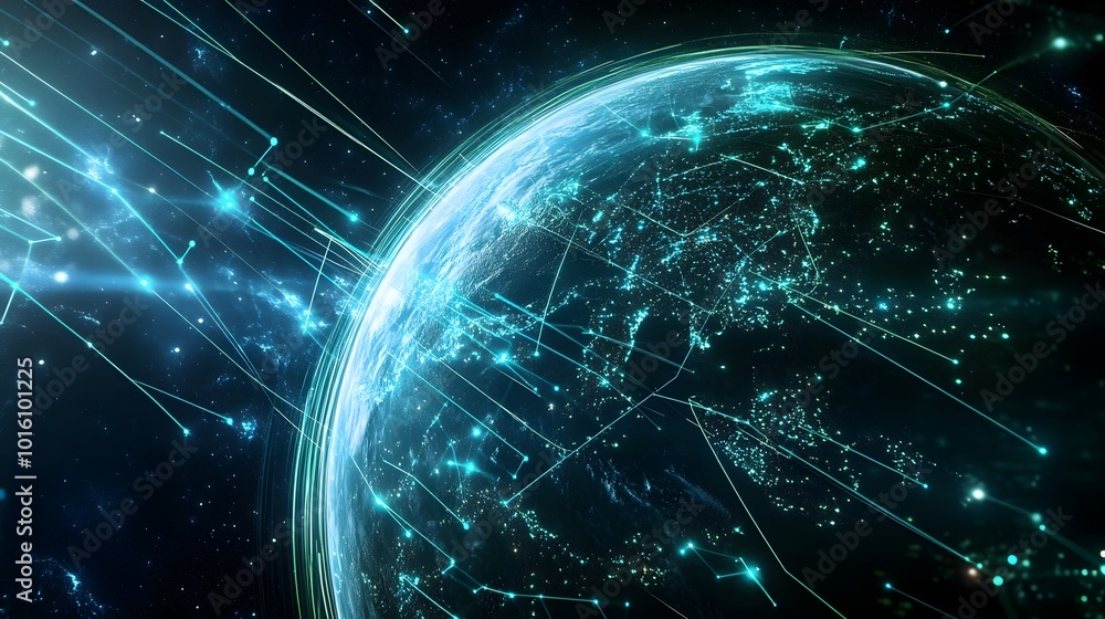 Poster a view of earth from space surrounded by glowing digital networks, symbolizing global connectivity, 