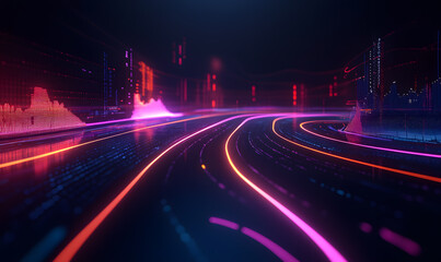 Futuristic financial dashboards and luxury business charts with glowing neon lines, gold accents, and connected nodes for corporate branding.