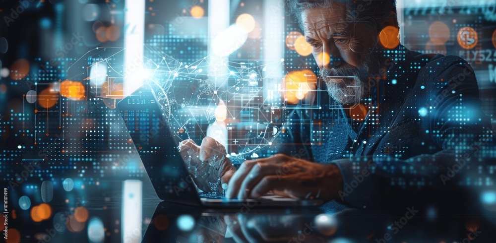 Poster Digital Technology Businessman Using Laptop and Smartphone in Futuristic Office for Online Marketing and Networking