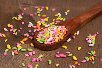 Sugar coated colorful candy wrapped around fennel seeds. Saunf Goli. Mouth Freshner Mix. Indian Mukwas or Mukhvas.