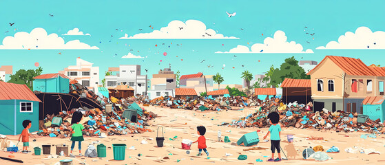 Obraz premium Children are seen cleaning garbage dump near their community, surrounded by piles of waste and dilapidated buildings. scene highlights importance of environmental awareness and community efforts