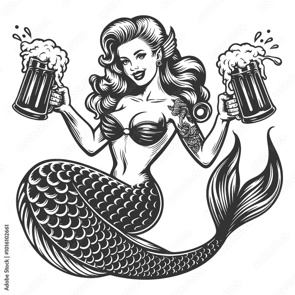 Poster mermaid with two large beer mugs sketch engraving generative ai fictional character raster illustrat