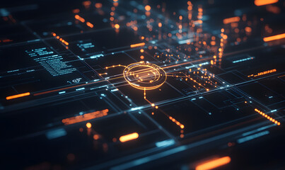 Fototapeta premium Futuristic financial dashboards and luxury business charts with glowing neon lines, gold accents, and connected nodes for corporate branding.