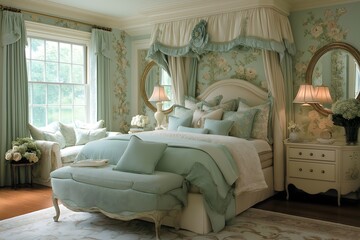 Vintage rococo bedroom duck egg blue and cream elegance and comfort. Majestic luxurious canopy bed four poster surrounded draping curtains.