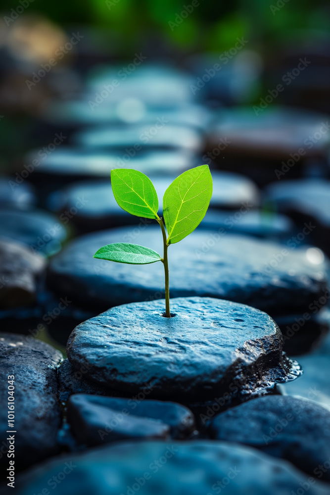 Wall mural a small plant growing out of a pile of rocks