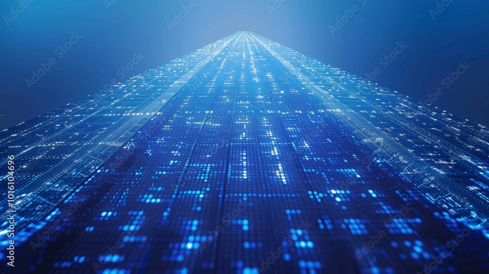 Poster Digital Skyscraper Made of Numbers Symbolizing AI Revolution in Business - High Resolution Code Road Concept