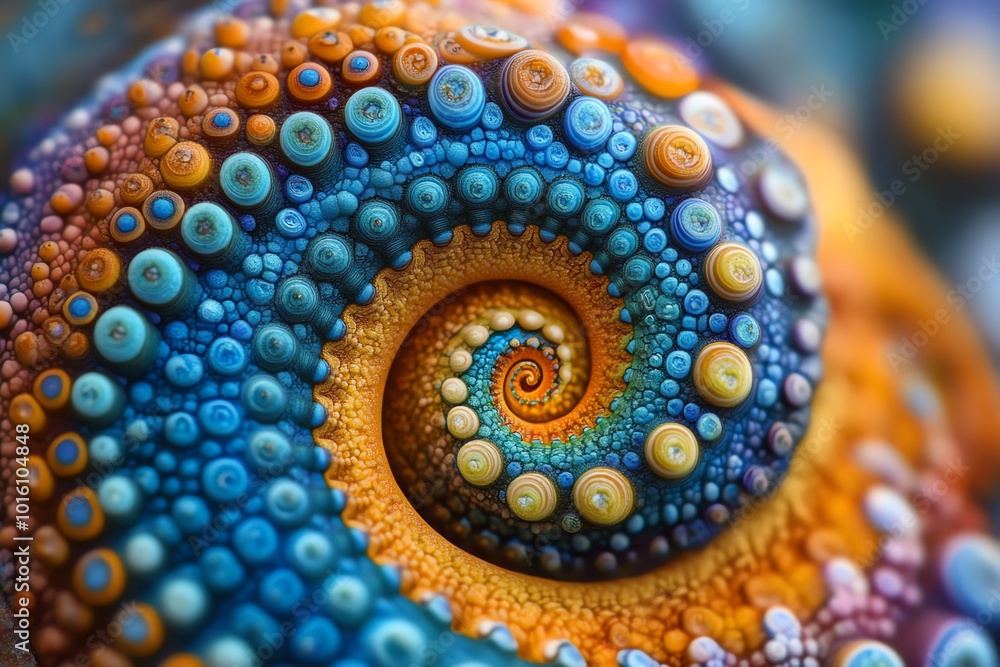 Poster a close-up of a colorful spiral with a repeating pattern of circles.