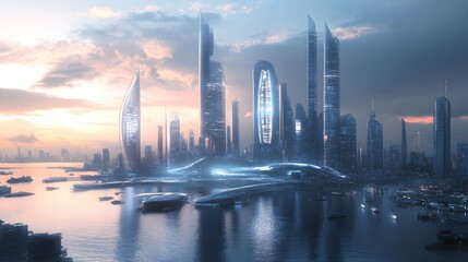 Futuristic cityscape with sleek skyscrapers and waterways at dusk.