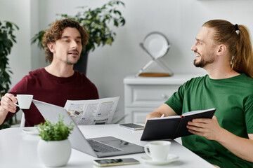 A loving couple enjoys coffee and conversation at their cozy kitchen table.