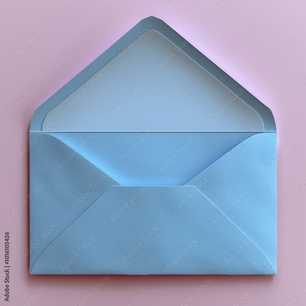 Poster 3d render of blue envelope with blank white paper on pastel background top view minimal design