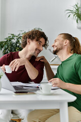 A loving couple shares laughter and warmth at home over coffee.