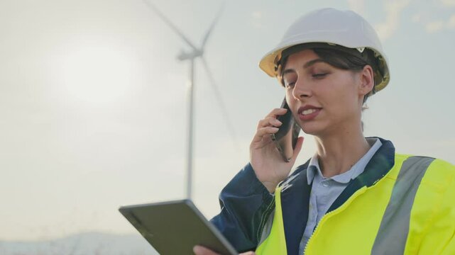 Beautiful Caucasian woman talking on cell phone while lookin at data on tablet. Wind turbine in background. Blue sky. Using smartphone while checking amount of energy produced in power plant.