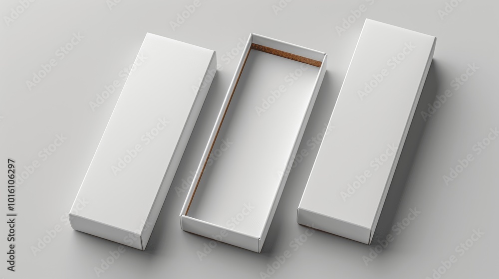 Poster White Blank Open and Closed Rectangle Box Mockup Template Top View on Gray Background for Packaging Design 3D Rendering
