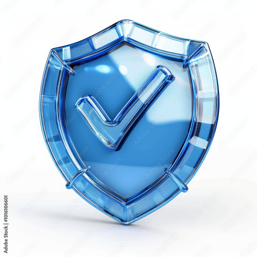 Aufkleber blue shield icon with check mark. 3d protection symbol. high-quality glossy glass material. front vi