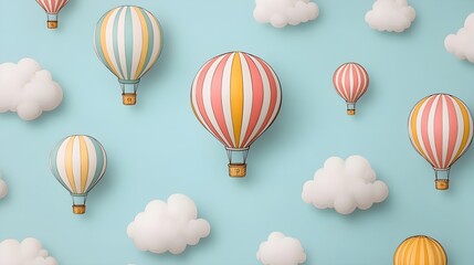 Obraz premium Vintage hot air balloons pattern, whimsical design featuring colorful balloons floating against a soft backdrop, perfect for textiles and decor.