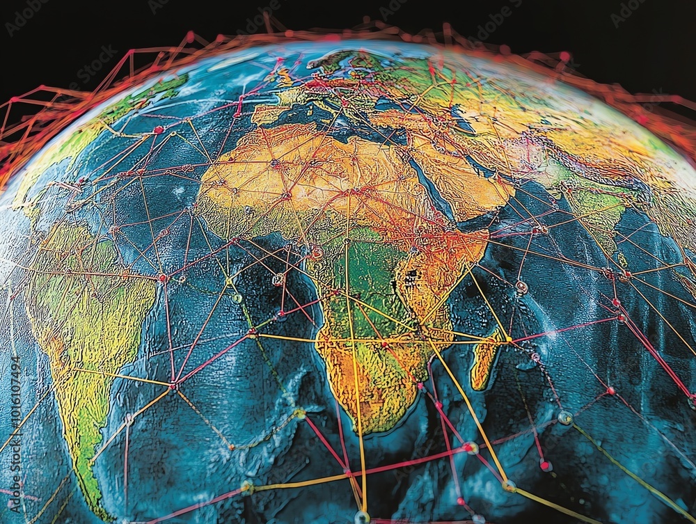 Poster a close-up of a globe with interconnected lines representing global communication, trade, and relati