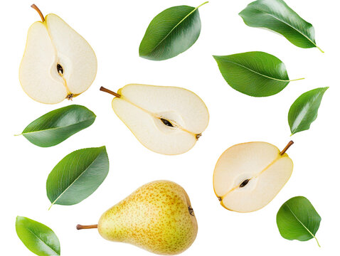 a pear cut in half with leaves