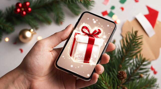 Hand holding smartphone with glowing Christmas gift box with ribbons on festive theme background. Christmas online shopping, ordering gifts in online store