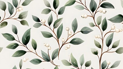 Watercolor mistletoe branches adorned with delicate green leaves, evoking a serene and festive atmosphere, perfect for seasonal decor.