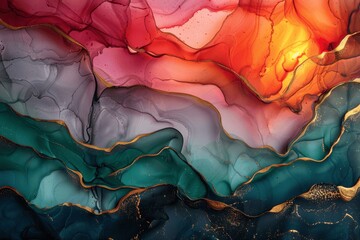 Obraz premium Abstract fluid art painting in alcohol ink, green, red, pink, gold cracks, luxury colorful fantasy background