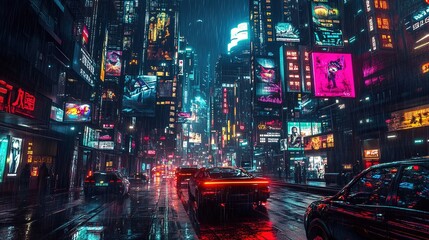 A vibrant night in a futuristic city showcasing neon lights, bustling streets, and rain-soaked urban life