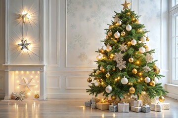 Sleek Christmas tree adorned with soft lights, set against a white backdrop, creating an elegant atmosphere for New Year 2024 celebrations in