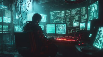 A programmer analyzes data with multiple monitors in a high-tech control room during nighttime hours
