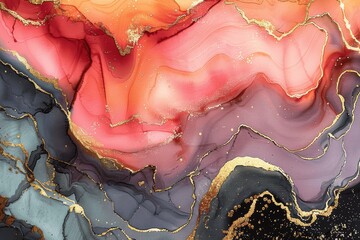 Abstract Fluid Art with Alcohol Ink in Pastel Pink Red and Gold Colors with Black Marble Textures and Golden Details