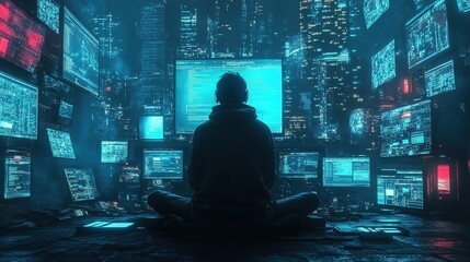 A programmer analyzes data with multiple monitors in a high-tech control room during nighttime hours