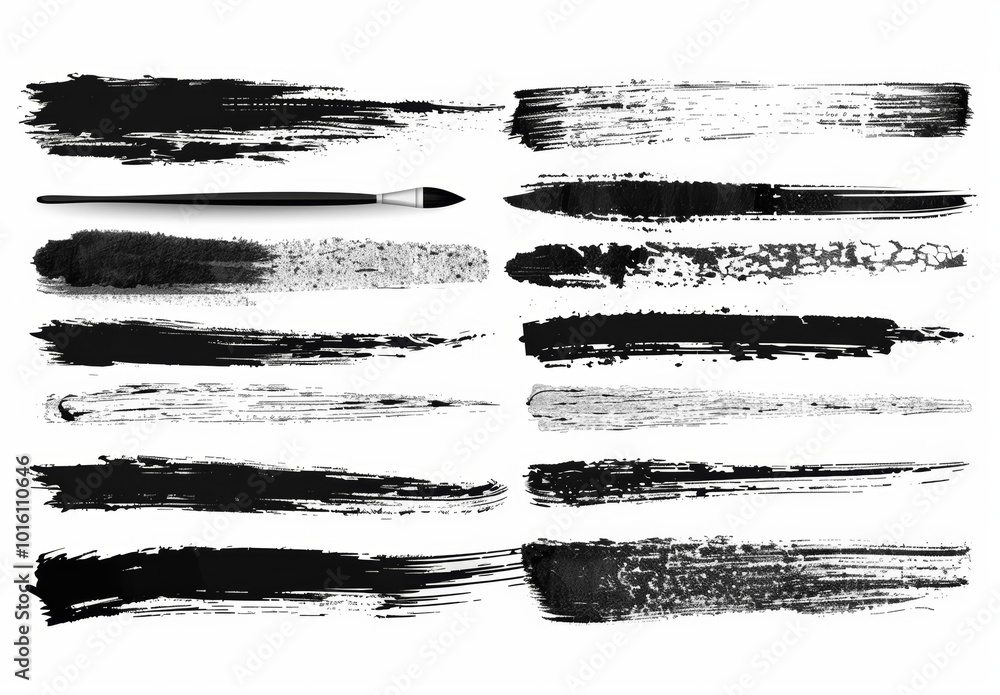 Poster Set of Black Brush Strokes and Lines on White Background, Hand Drawn Vector Illustration with Different Ink Textures for Design Elements and Borders