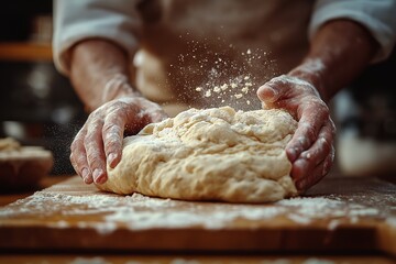 Fototapeta premium Person is making pizza dough and sprinkling it with flour. hands kneading dough on a wooden board, dusting flour over the top. hand movements and the shape of the bun in the process of making pizza