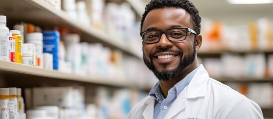 Fototapeta premium A friendly African American male pharmacist smiles at the camera while standing in front of shelves of medicine in a pharmacy.